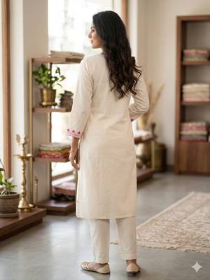 Women White Floral Embroidered Cotton Flex Kurta Pant Set | Stylish Ethnic Wear for Women 2