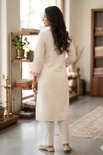 Women White Floral Embroidered Cotton Flex Kurta Pant Set | Stylish Ethnic Wear for Women
