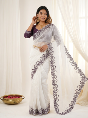  crunchy silk blend saree with embroidery work & satin banglori blouse 2