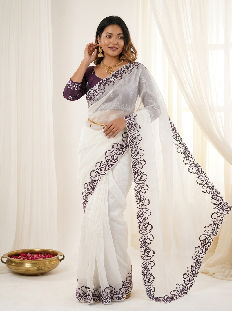Designer crunchy silk blend saree with embroidery work & satin banglori blouse
