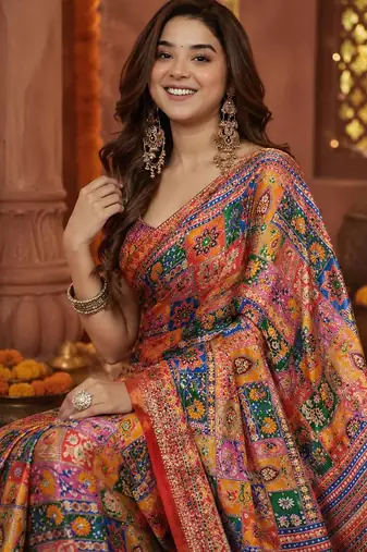soft chinnon printed saree with gold zari & real mirror work blouse