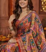 soft chinnon printed saree with gold zari & real mirror work blouse