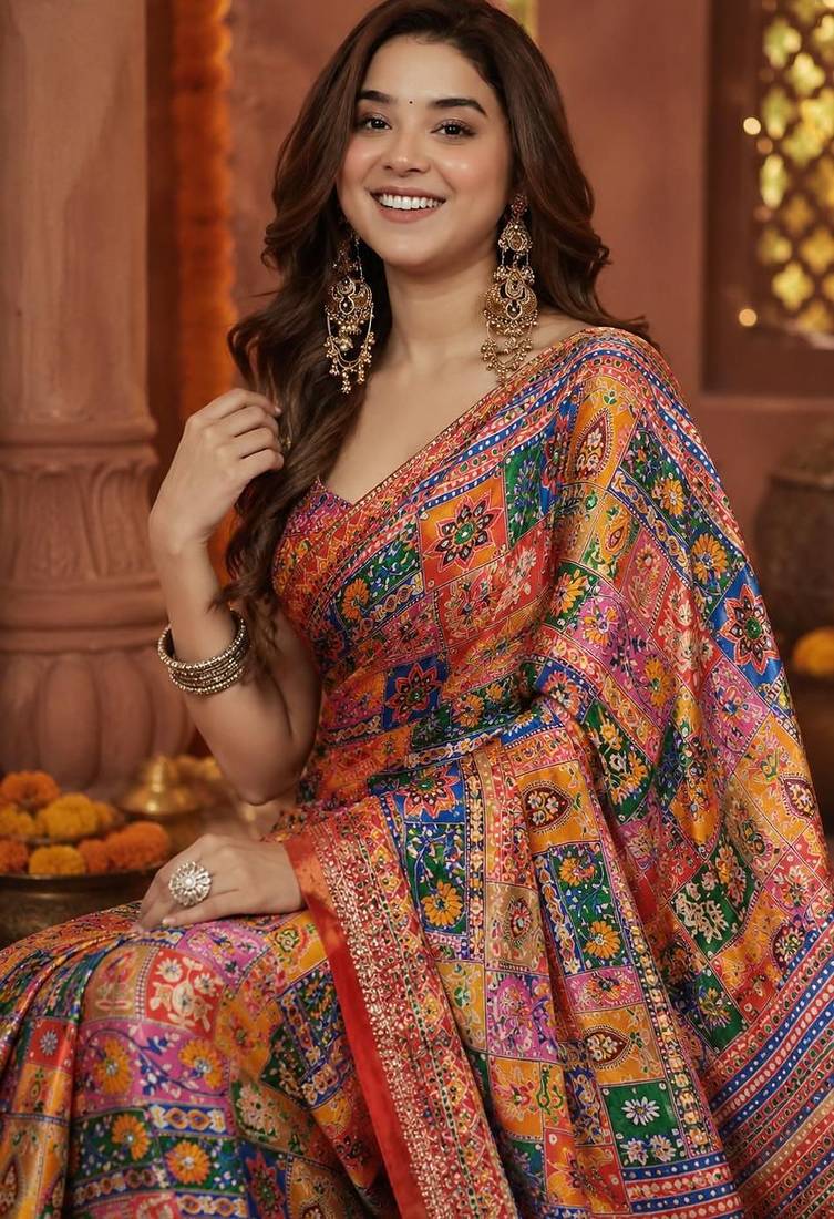 soft chinnon printed saree with gold zari & real mirror work blouse