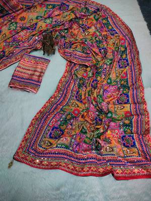 soft chinnon printed saree with gold zari & real mirror work blouse 2