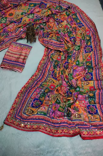 soft chinnon printed saree with gold zari & real mirror work blouse