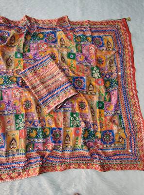 soft chinnon printed saree with gold zari & real mirror work blouse 3