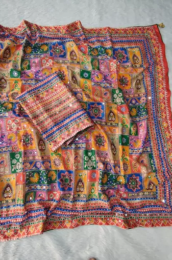 soft chinnon printed saree with gold zari & real mirror work blouse