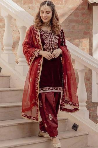 maroon velvet salwar suit dupatta