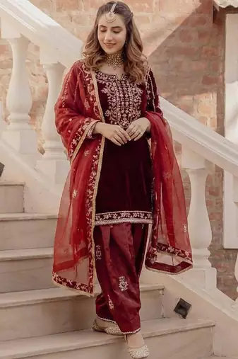 maroon velvet salwar suit dupatta
