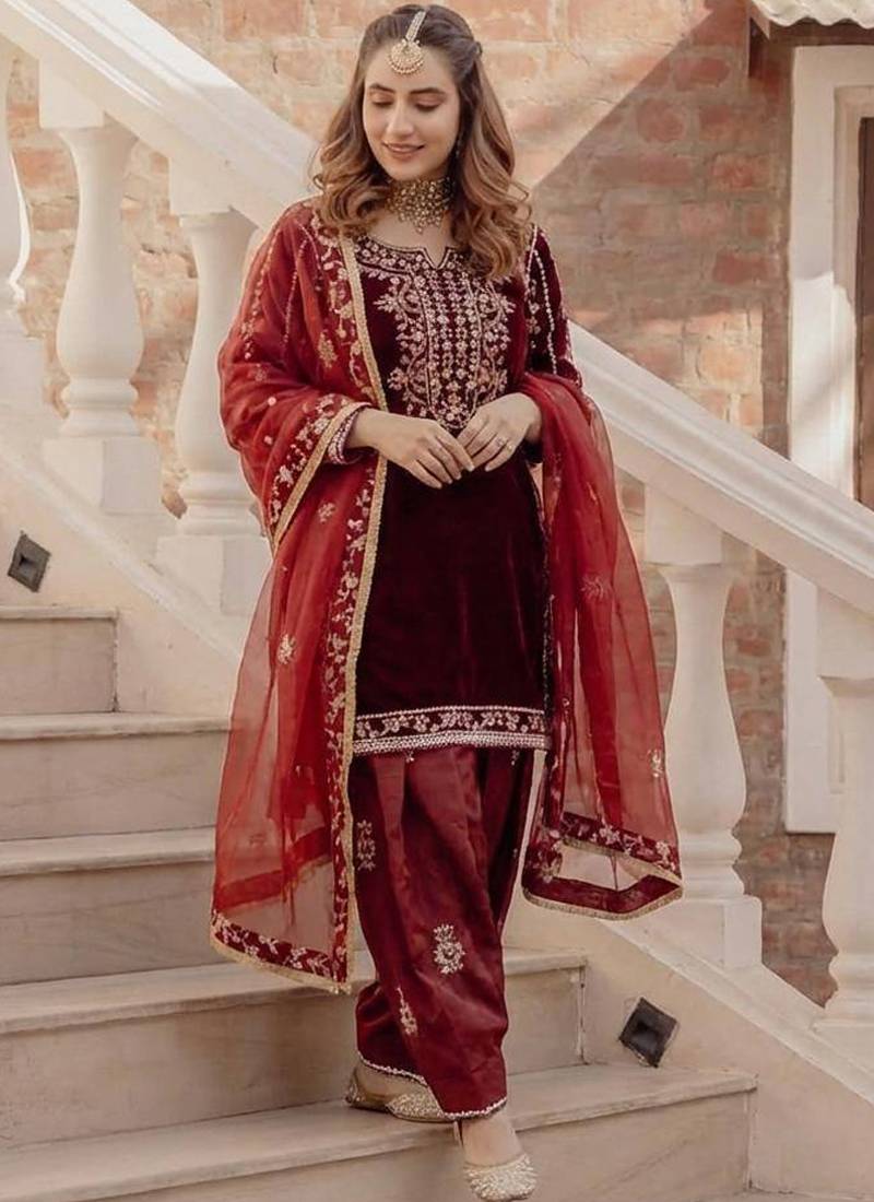 maroon velvet salwar suit dupatta