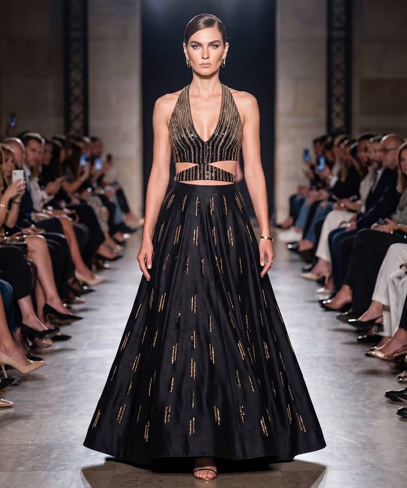 black embroidered raw silk indo western lehenga set