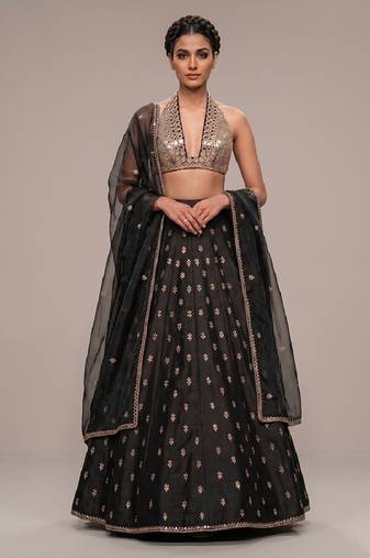 black embroidered raw silk lehenga set