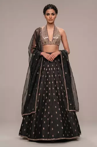 black embroidered raw silk lehenga set