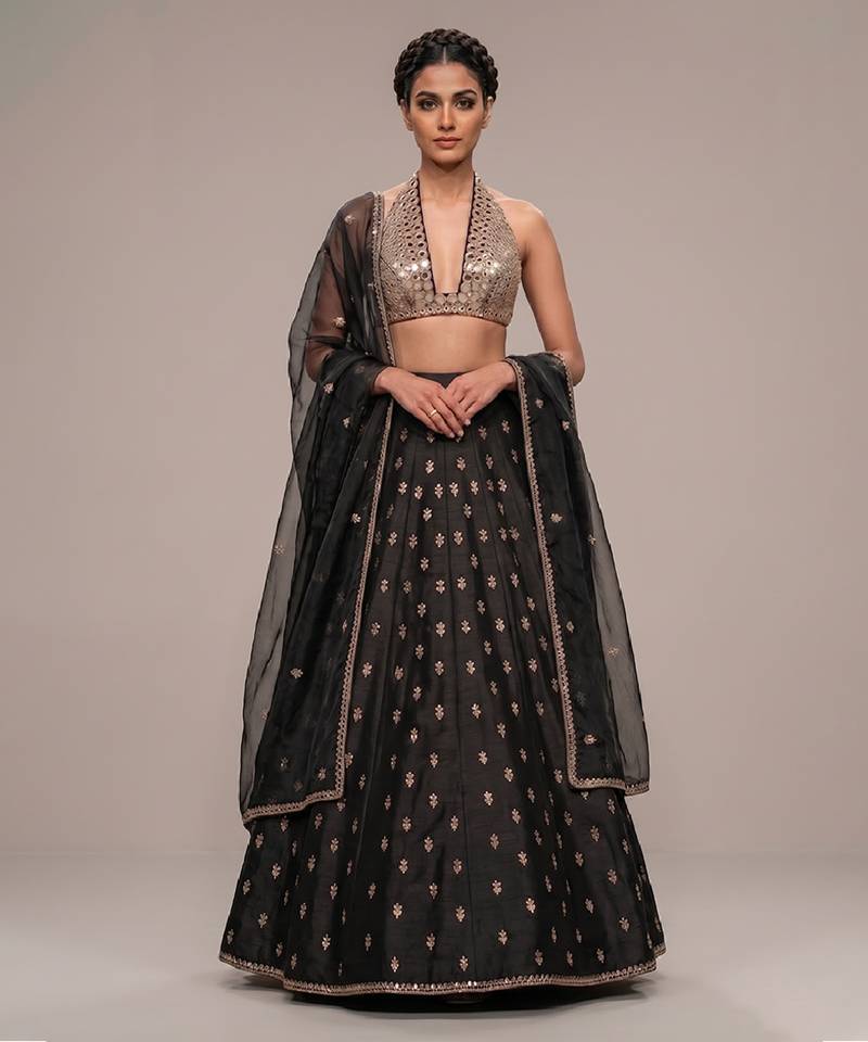 black embroidered raw silk lehenga set
