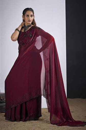 Maroon satin silk elegant designer saree with sequin sleek design