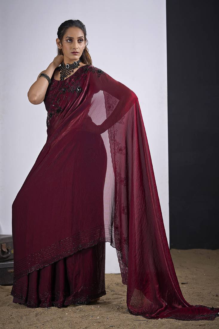 Maroon satin silk elegant designer saree with sequin sleek design