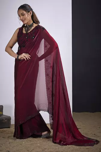 Maroon satin silk elegant designer saree with sequin sleek design