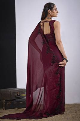 Maroon satin silk elegant designer saree with sequin sleek design 3