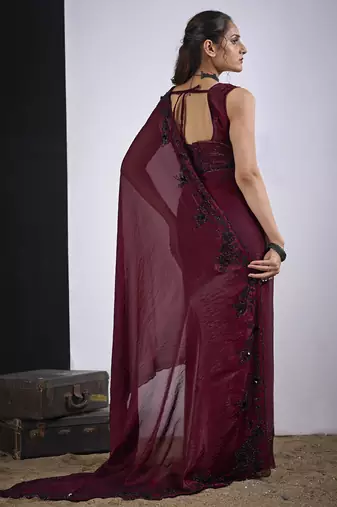 Maroon satin silk elegant designer saree with sequin sleek design
