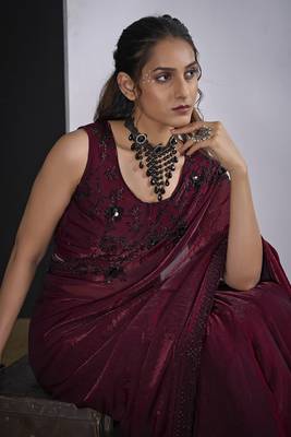 Maroon satin silk elegant designer saree with sequin sleek design 4