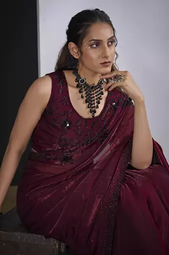 Maroon satin silk elegant designer saree with sequin sleek design