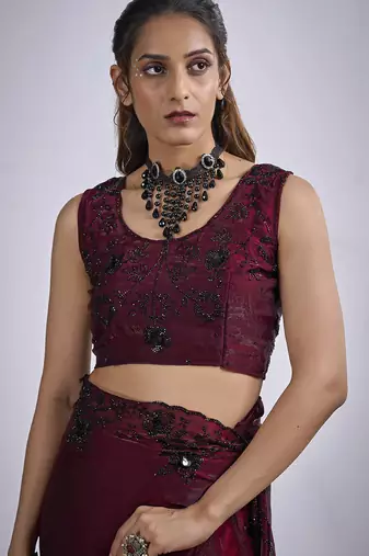 Maroon satin silk elegant designer saree with sequin sleek design