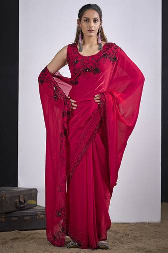 Magenta satin silk elegant designer saree with sequin sleek design