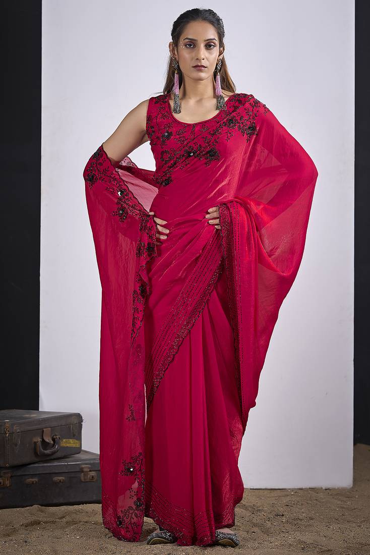 Magenta satin silk elegant designer saree with sequin sleek design