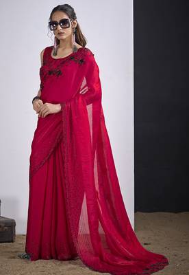 Magenta satin silk elegant designer saree with sequin sleek design 2