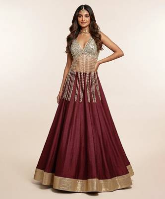 Wine Embroidered Silk Lehenga With Beaded Fringe Blouse 1