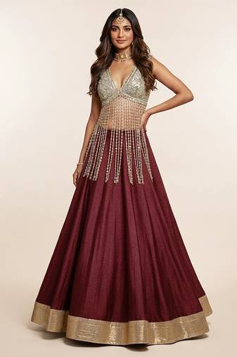 Wine Embroidered Silk Lehenga With Beaded Fringe Blouse