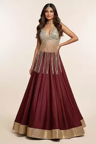 Wine Embroidered Silk Lehenga With Beaded Fringe Blouse