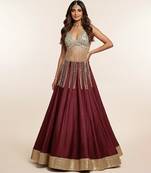 Wine Embroidered Silk Lehenga With Beaded Fringe Blouse