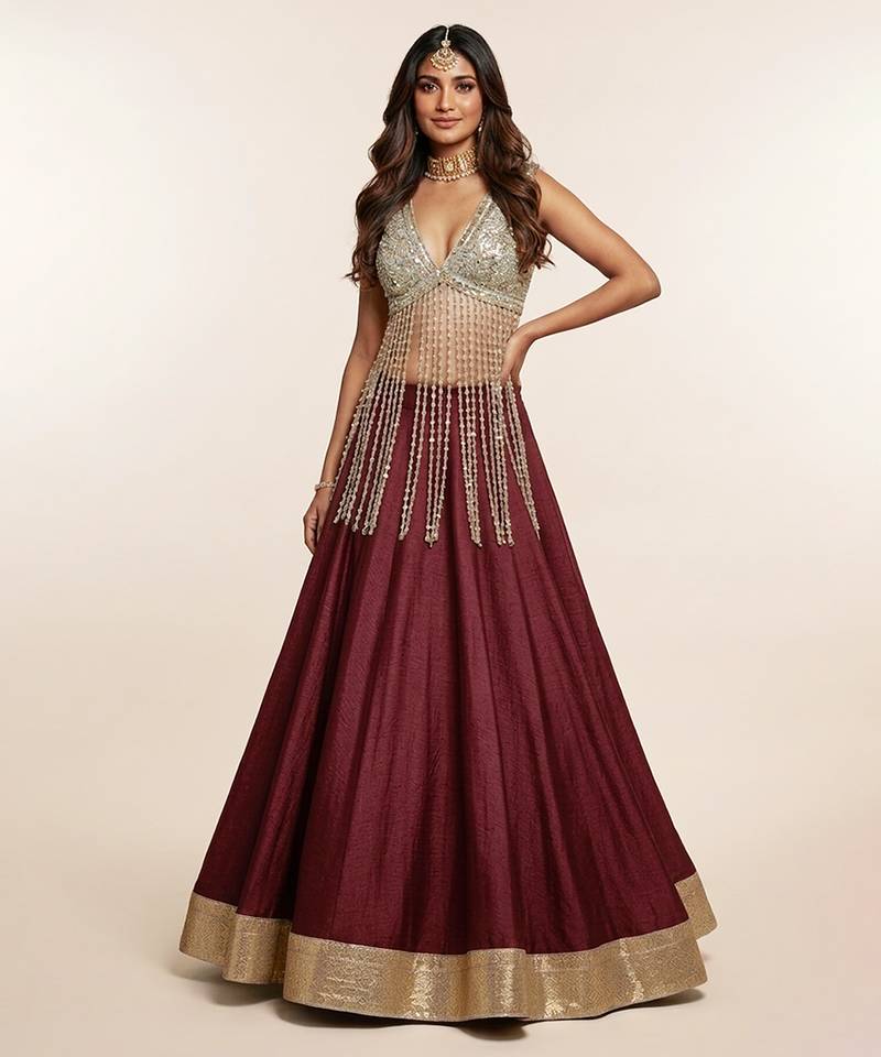 Wine Embroidered Silk Lehenga With Beaded Fringe Blouse