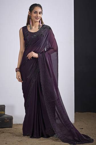 Purple satin silk elegant designer saree with sequin sleek design