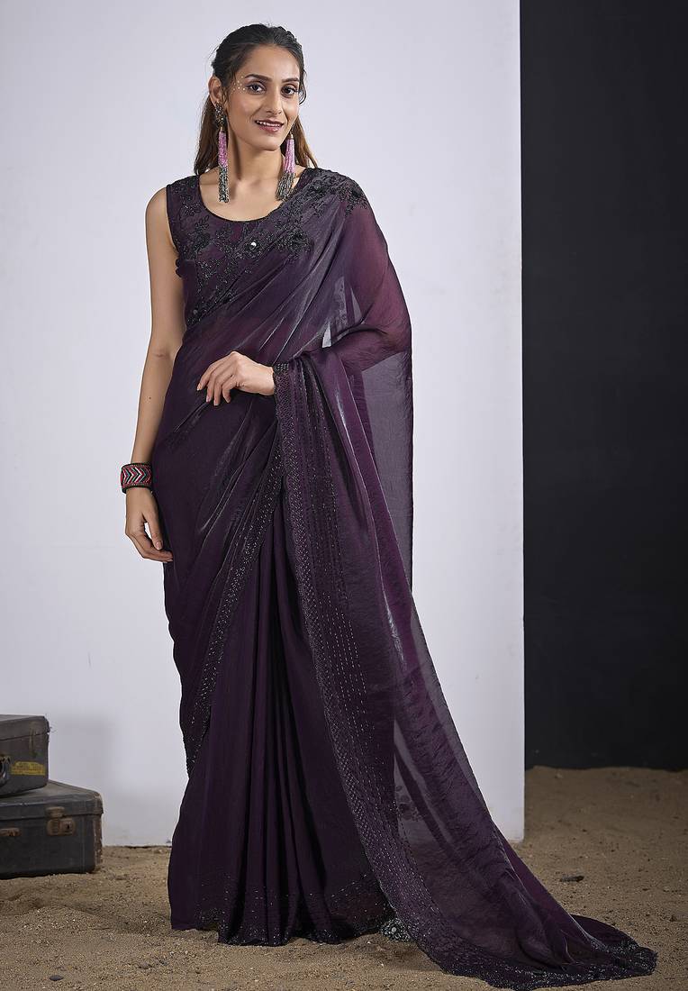 Purple satin silk elegant designer saree with sequin sleek design