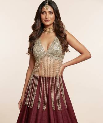 Wine Embroidered Silk Lehenga With Beaded Fringe Blouse 2