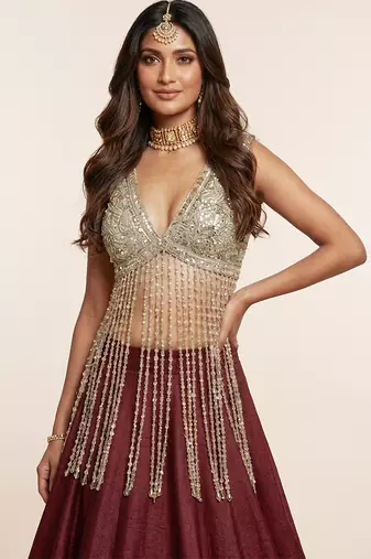 Wine Embroidered Silk Lehenga With Beaded Fringe Blouse