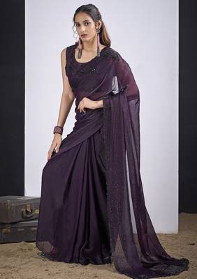 Purple satin silk elegant designer saree with sequin sleek design 2
