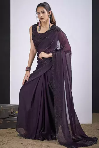 Purple satin silk elegant designer saree with sequin sleek design
