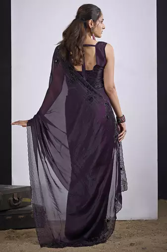 Purple satin silk elegant designer saree with sequin sleek design