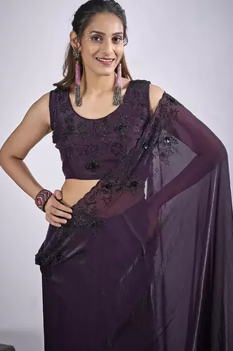 Purple satin silk elegant designer saree with sequin sleek design