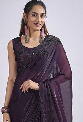 Purple satin silk elegant designer saree with sequin sleek design 5
