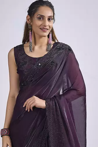 Purple satin silk elegant designer saree with sequin sleek design