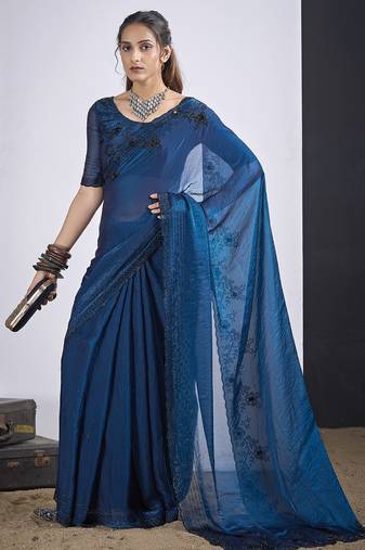 Blue satin silk elegant designer saree with sequin sleek design