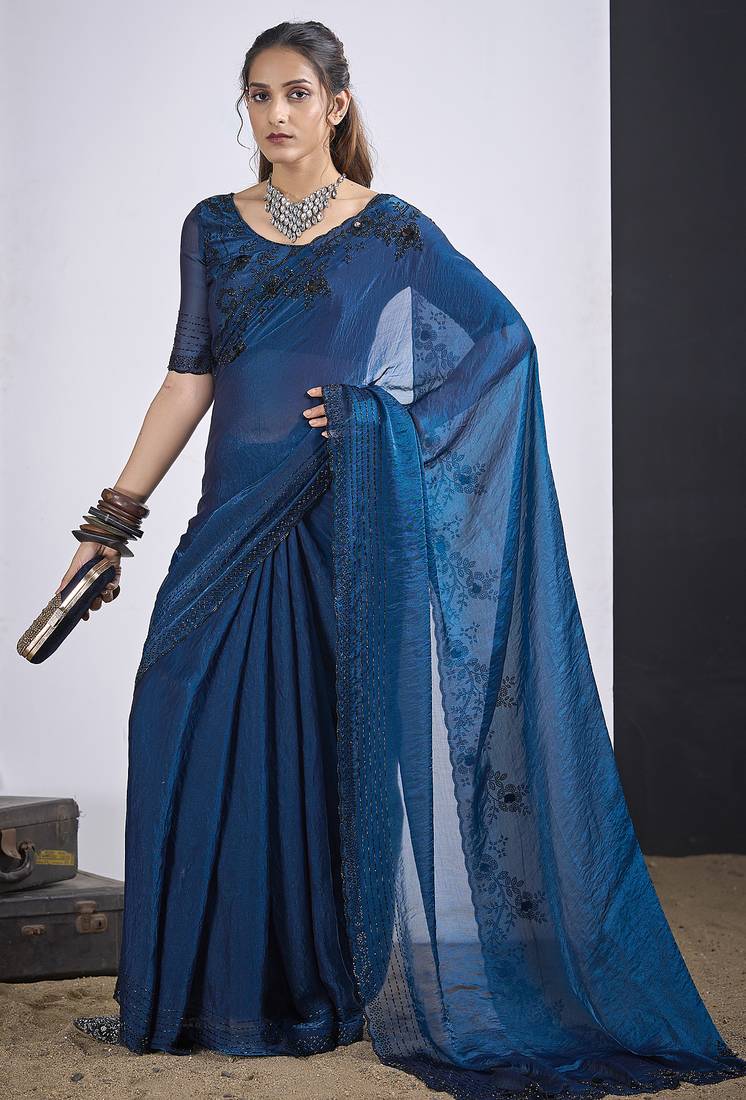Blue satin silk elegant designer saree with sequin sleek design