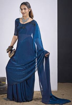 Blue satin silk elegant designer saree with sequin sleek design 2