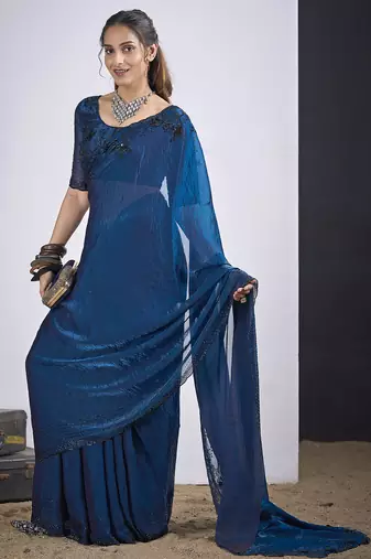 Blue satin silk elegant designer saree with sequin sleek design