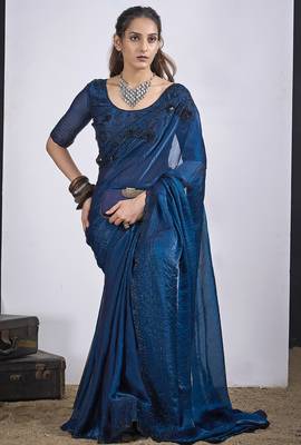 Blue satin silk elegant designer saree with sequin sleek design 3