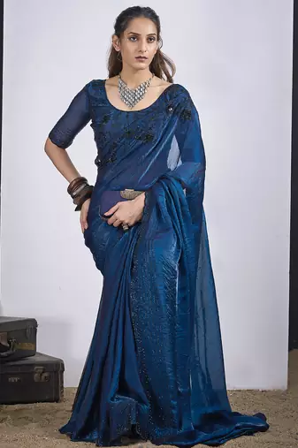 Blue satin silk elegant designer saree with sequin sleek design